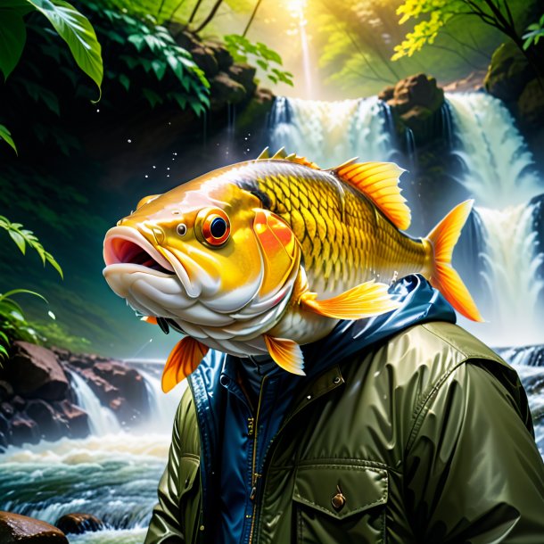 Image of a carp in a jacket in the waterfall