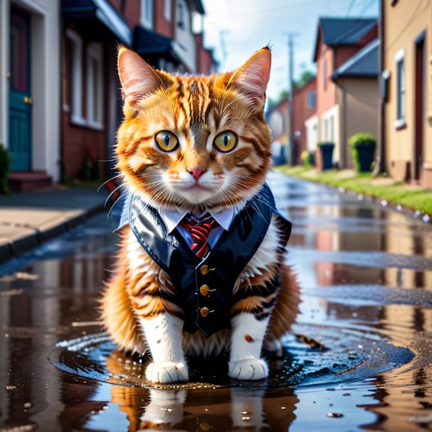 Image of a cat in a vest in the puddle