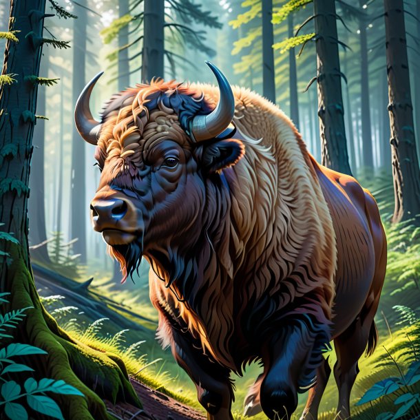 Illustration of a bison in a coat in the forest