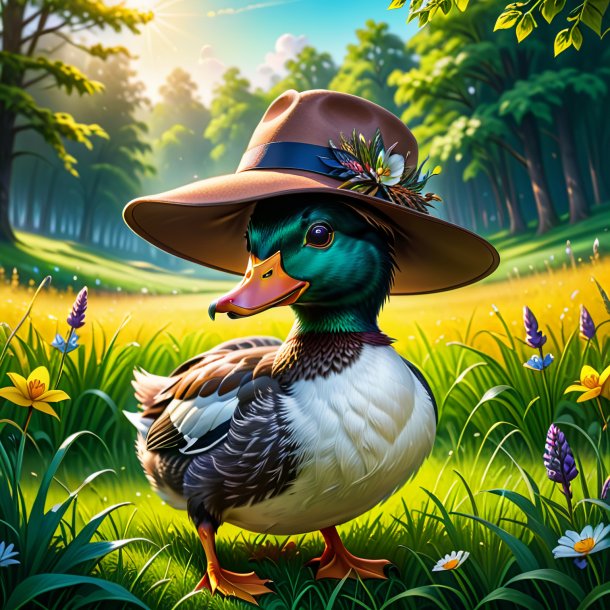 Illustration of a duck in a hat in the meadow