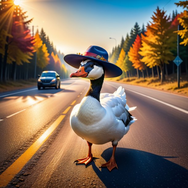 Image of a goose in a hat on the road