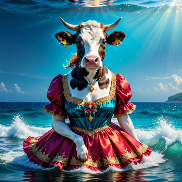 Image of a cow in a dress in the sea