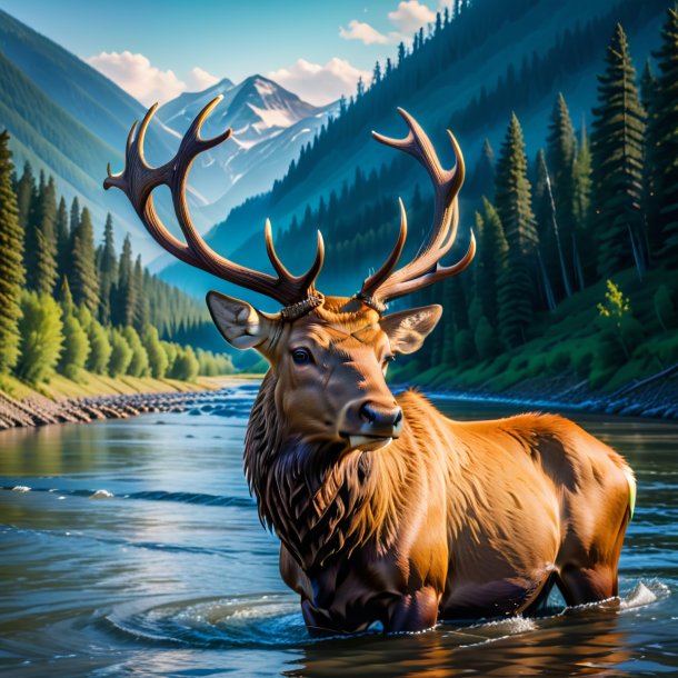 Image d'un wapiti dans un chapeau dans la rivière