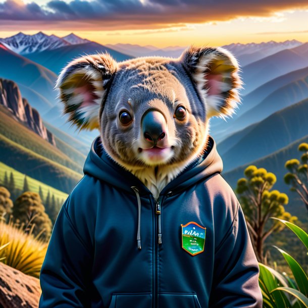 Pic of a koala in a hoodie in the mountains