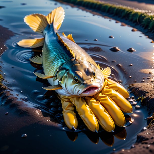 Photo of a haddock in a gloves in the puddle