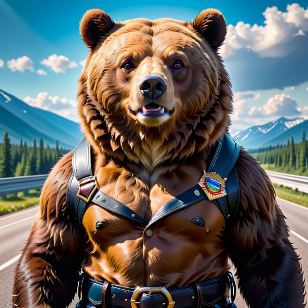 Picture of a bear in a belt on the highway