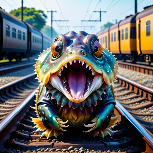 Image of a crying of a cuttlefish on the railway tracks