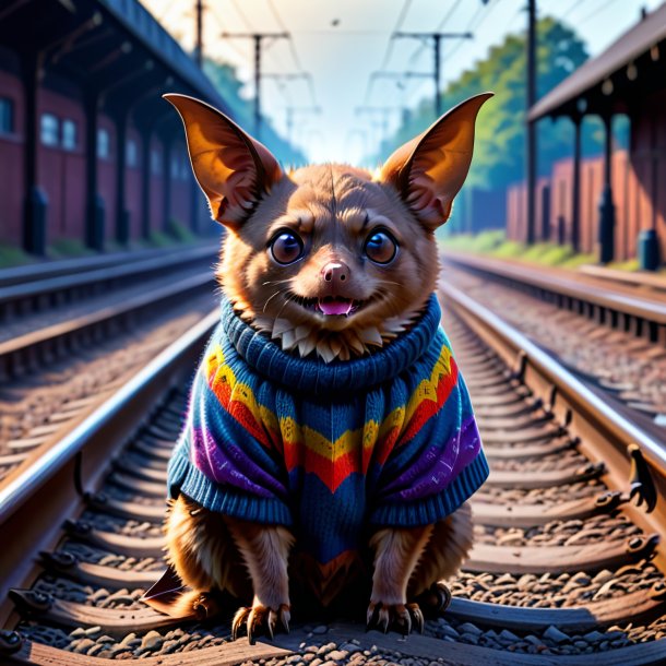 Picture of a bat in a sweater on the railway tracks