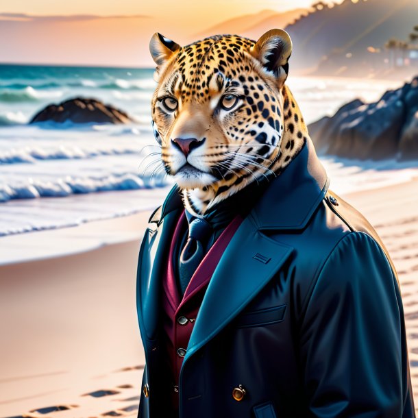 Image of a jaguar in a coat on the beach