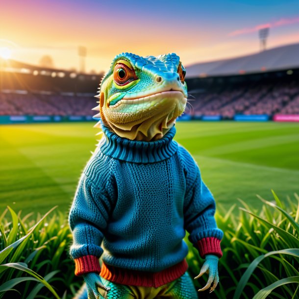 Photo of a lizard in a sweater on the field