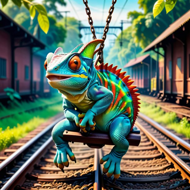 Photo of a swinging on a swing of a chameleon on the railway tracks