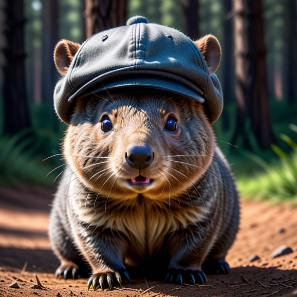 Image of a wombat in a gray cap