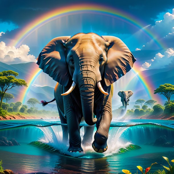 Image of a swimming of a elephant on the rainbow