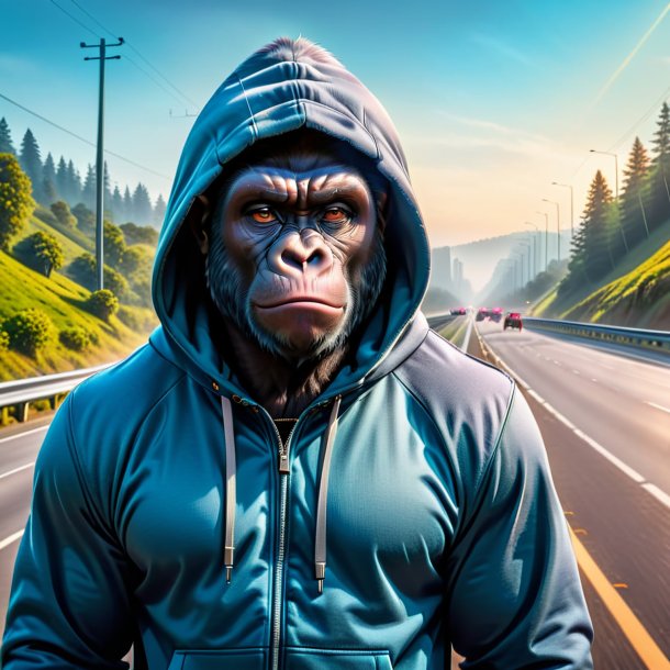 Image of a gorilla in a hoodie on the highway