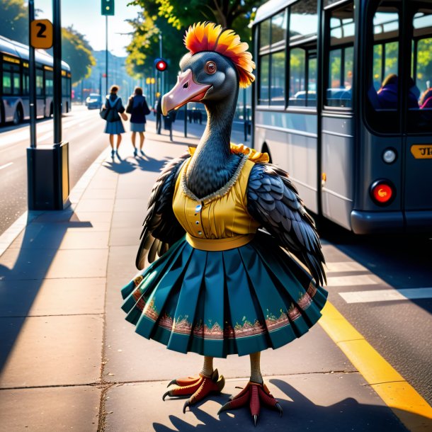 Foto de un dodo en una falda en la parada de autobús