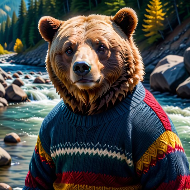 Picture of a bear in a sweater in the river