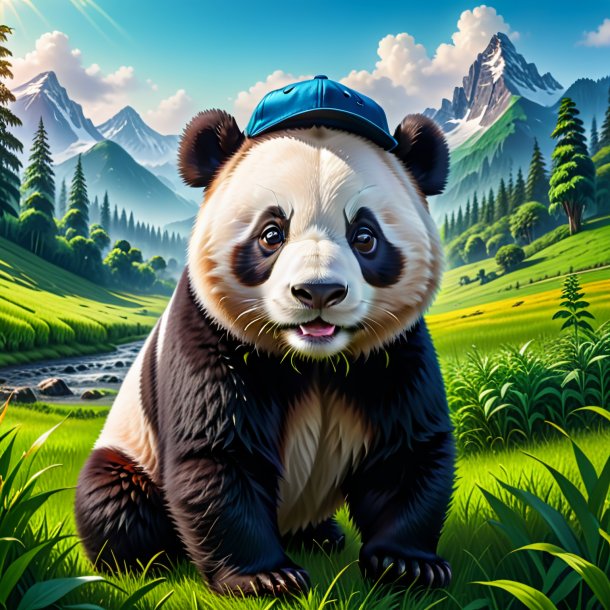 Imagem de um panda gigante em um boné no prado