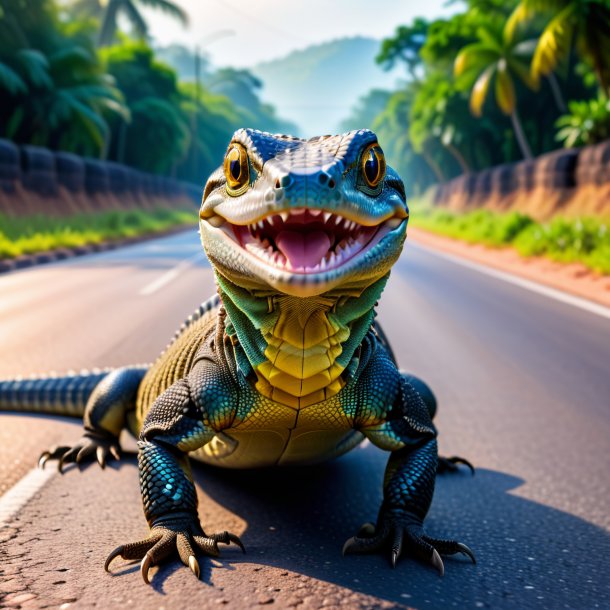 Photo of a smiling of a monitor lizard on the road