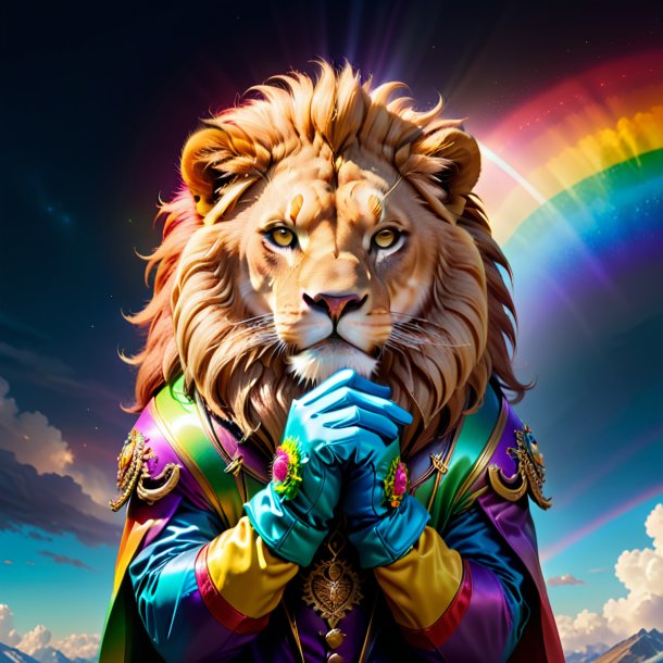 Picture of a lion in a gloves on the rainbow