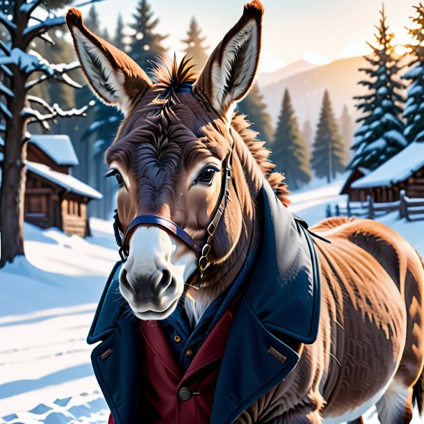 Illustration of a donkey in a coat in the snow