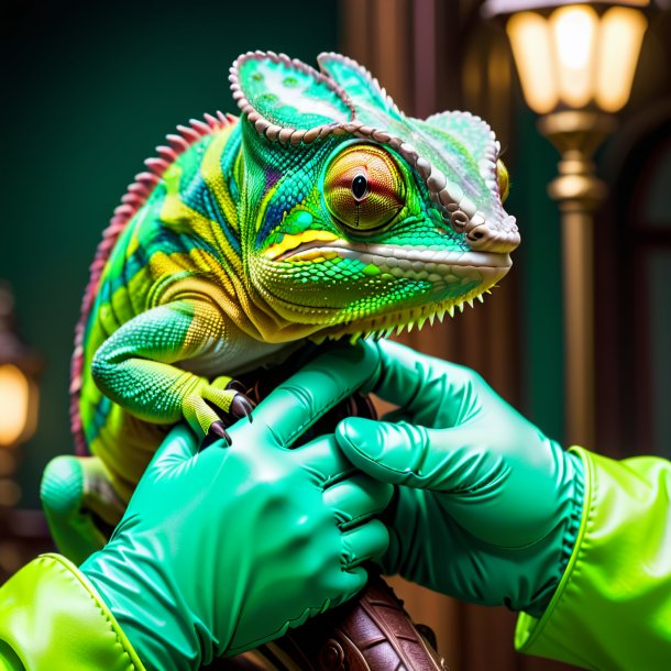 Imagen de un camaleón en guantes verdes