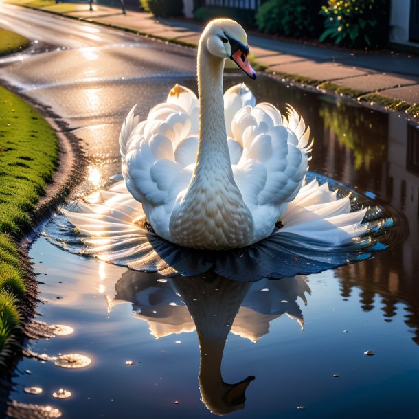 Foto de un cisne en una falda en el charco