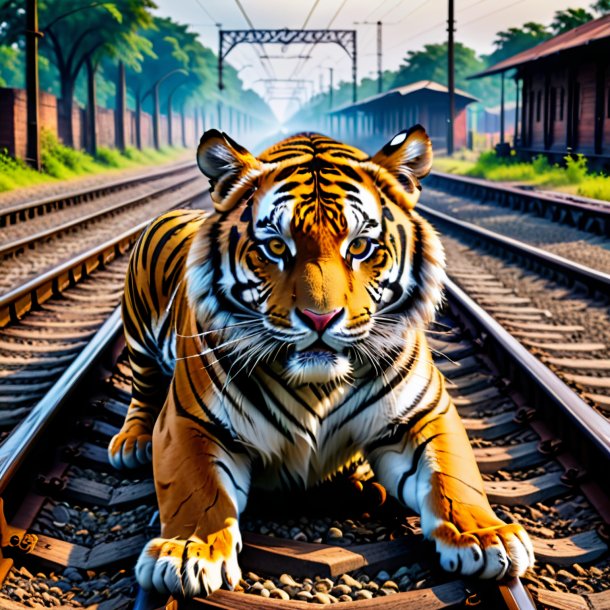 Pic of a eating of a tiger on the railway tracks