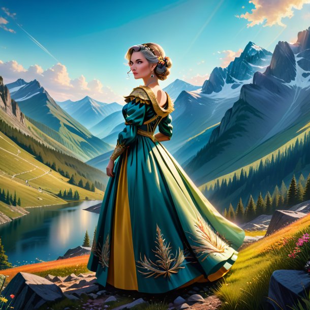 Illustration of a pike in a dress in the mountains