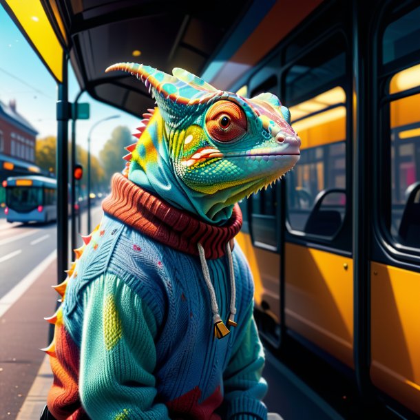 Illustration of a chameleon in a sweater on the bus stop