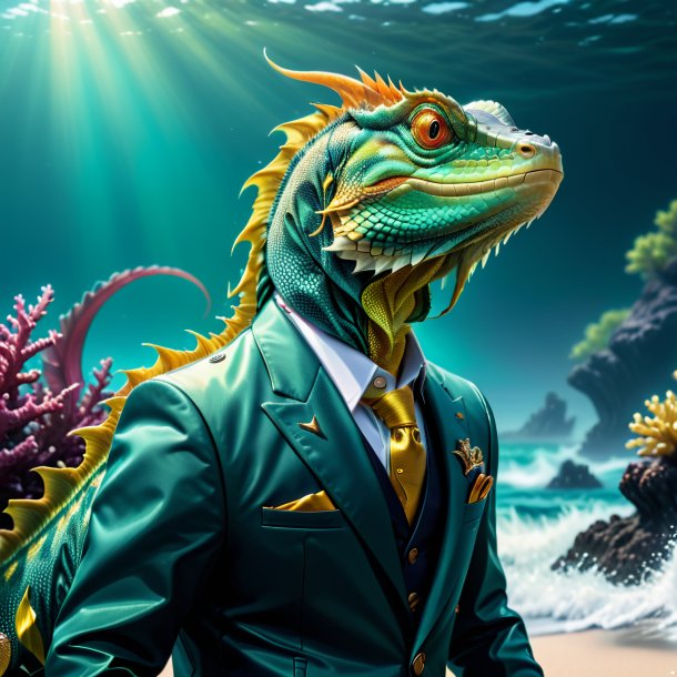 Photo of a basilisk in a jacket in the sea