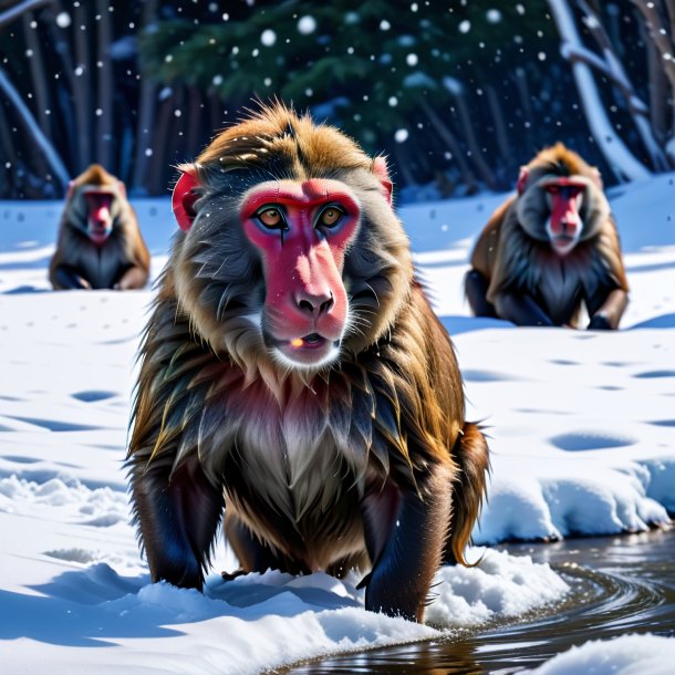 Pic of a swimming of a baboon in the snow