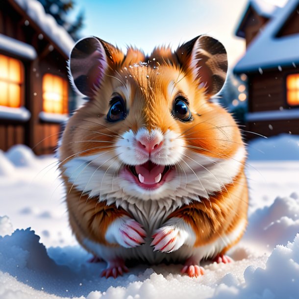 Picture of a smiling of a hamster in the snow