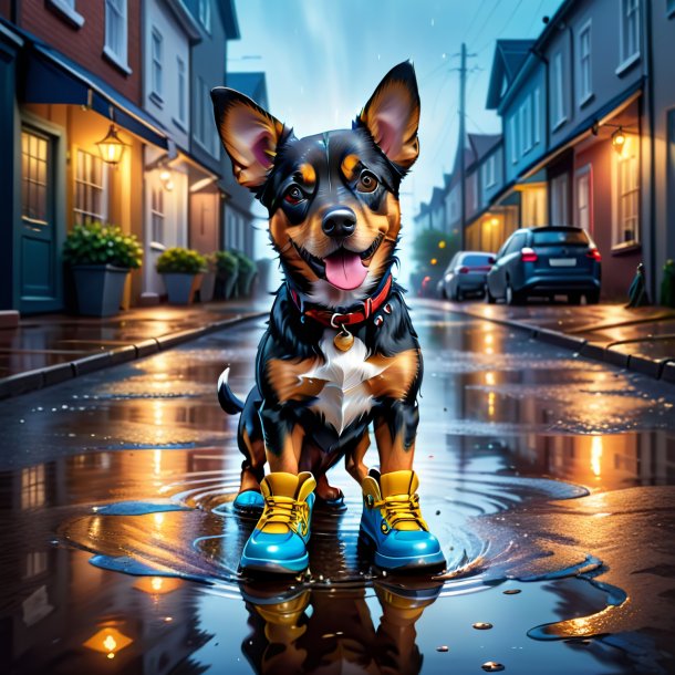 Illustration of a dog in a shoes in the puddle