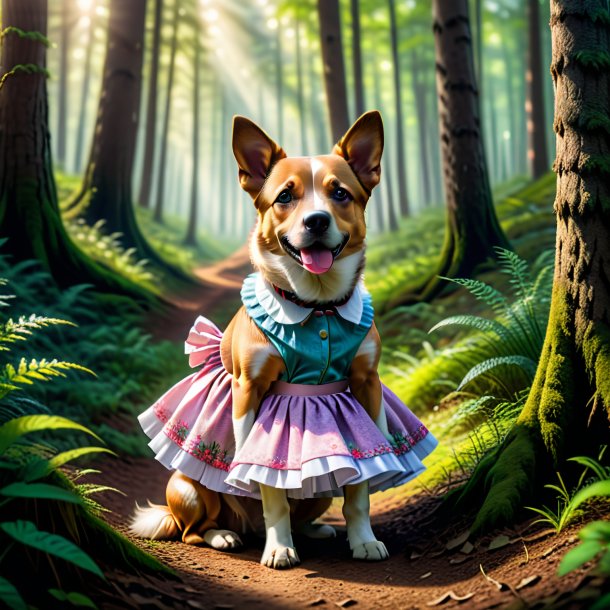 Photo of a dog in a skirt in the forest