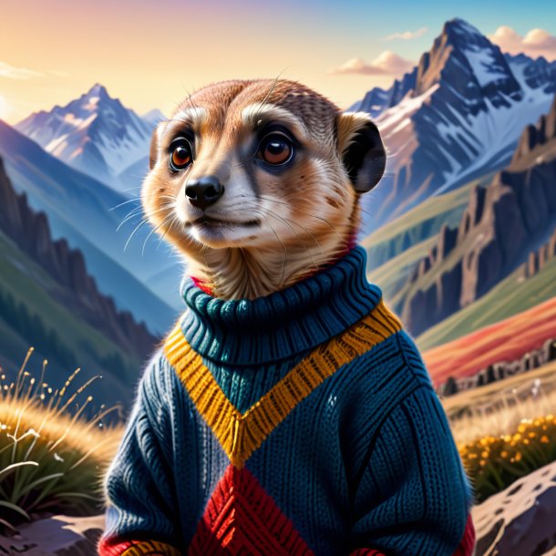 Drawing of a meerkat in a sweater in the mountains