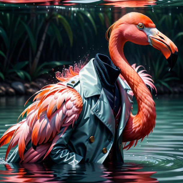 Drawing of a flamingo in a coat in the water