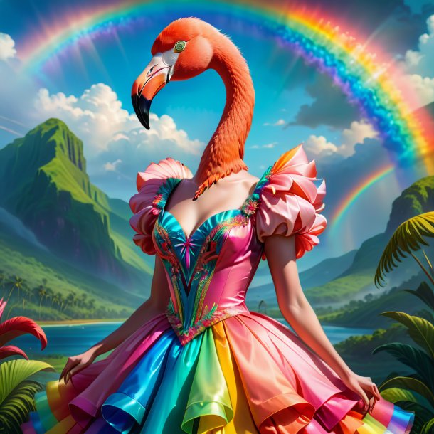 Illustration of a flamingo in a dress on the rainbow