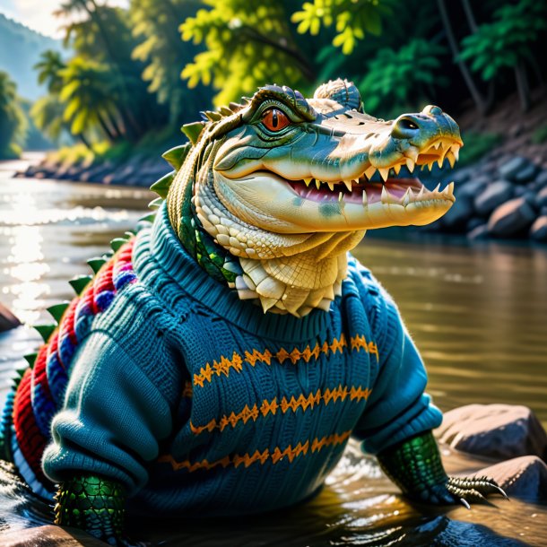 Photo of a crocodile in a sweater in the river