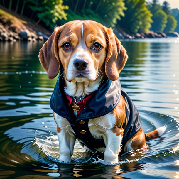 Foto de un beagle en un abrigo en el agua