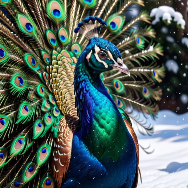 Foto de un pavo real en un cinturón en la nieve