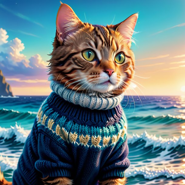 Illustration of a cat in a sweater in the sea