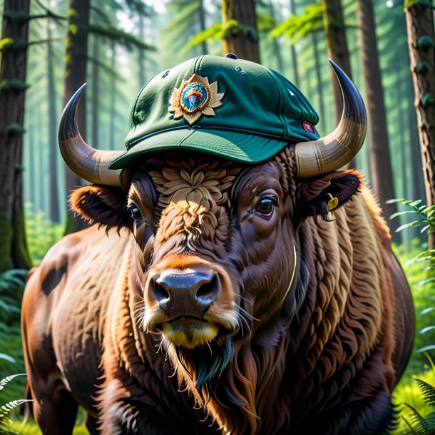 Picture of a bison in a cap in the forest