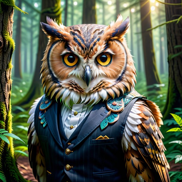 Pic of a owl in a vest in the forest