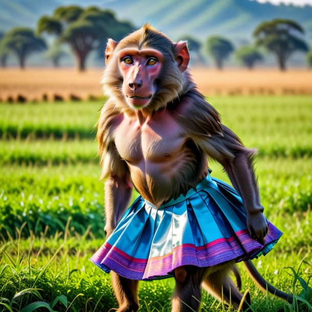 Photo of a baboon in a skirt on the field