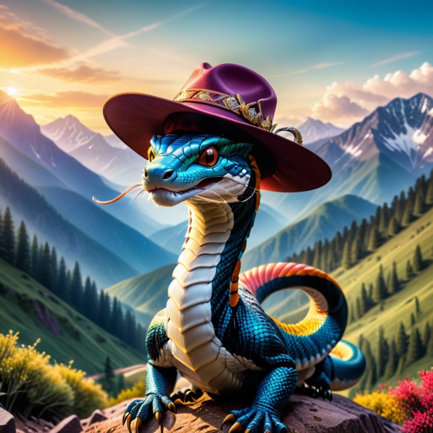 Image of a cobra in a hat in the mountains