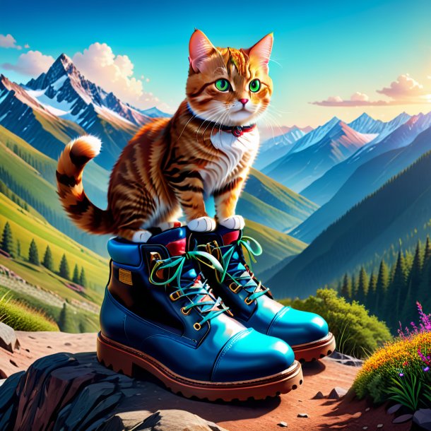 Illustration of a cat in a shoes in the mountains