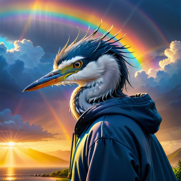 Picture of a heron in a hoodie on the rainbow
