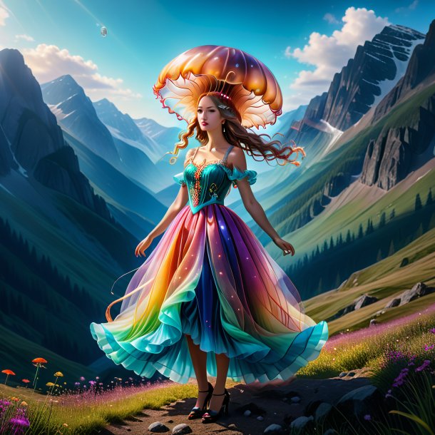 Image of a jellyfish in a dress in the mountains