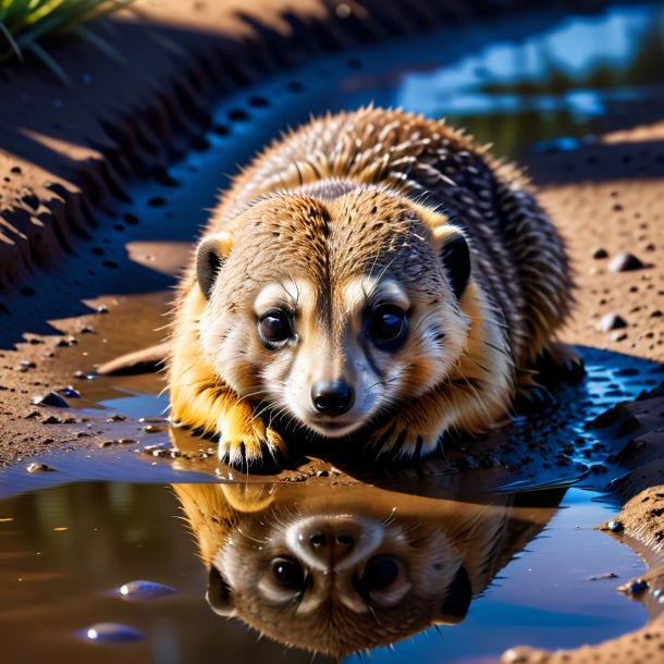 Image of a sleeping of a meerkat in the puddle