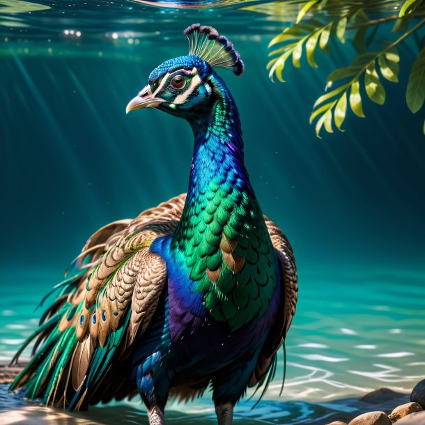 Picture of a peacock in a coat in the water